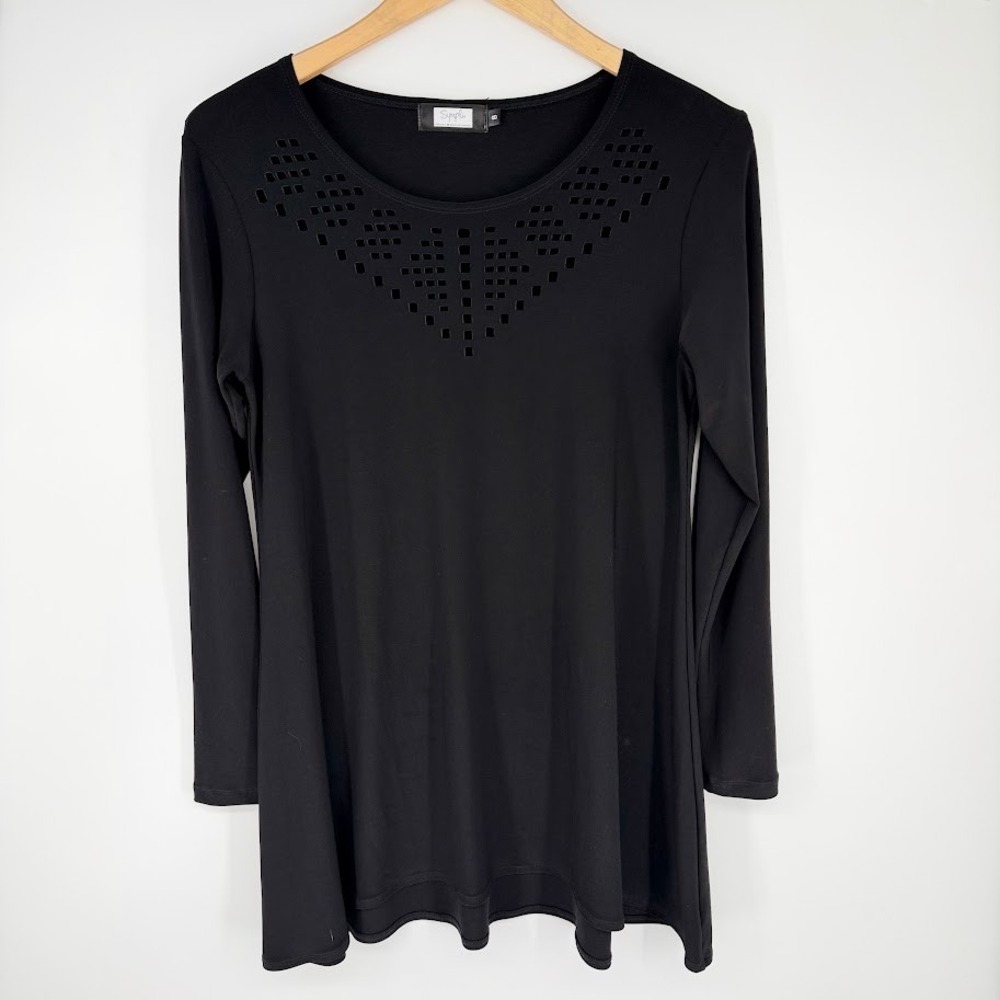 Sympli Profile Tunic Top Womens 8 Black Laser Cut Out Long Sleeve Minimalist